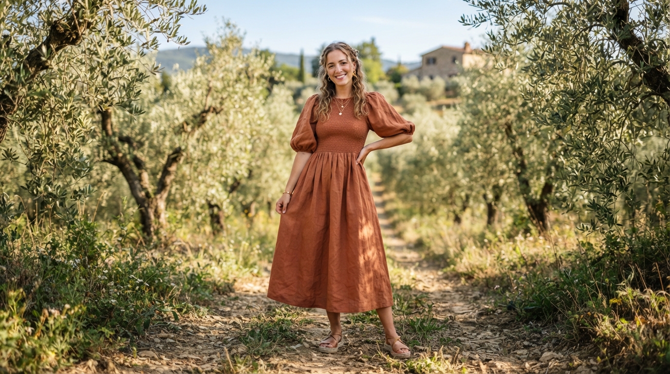 Smocked Bodice Linen Midi Dress with Puff Sleeves